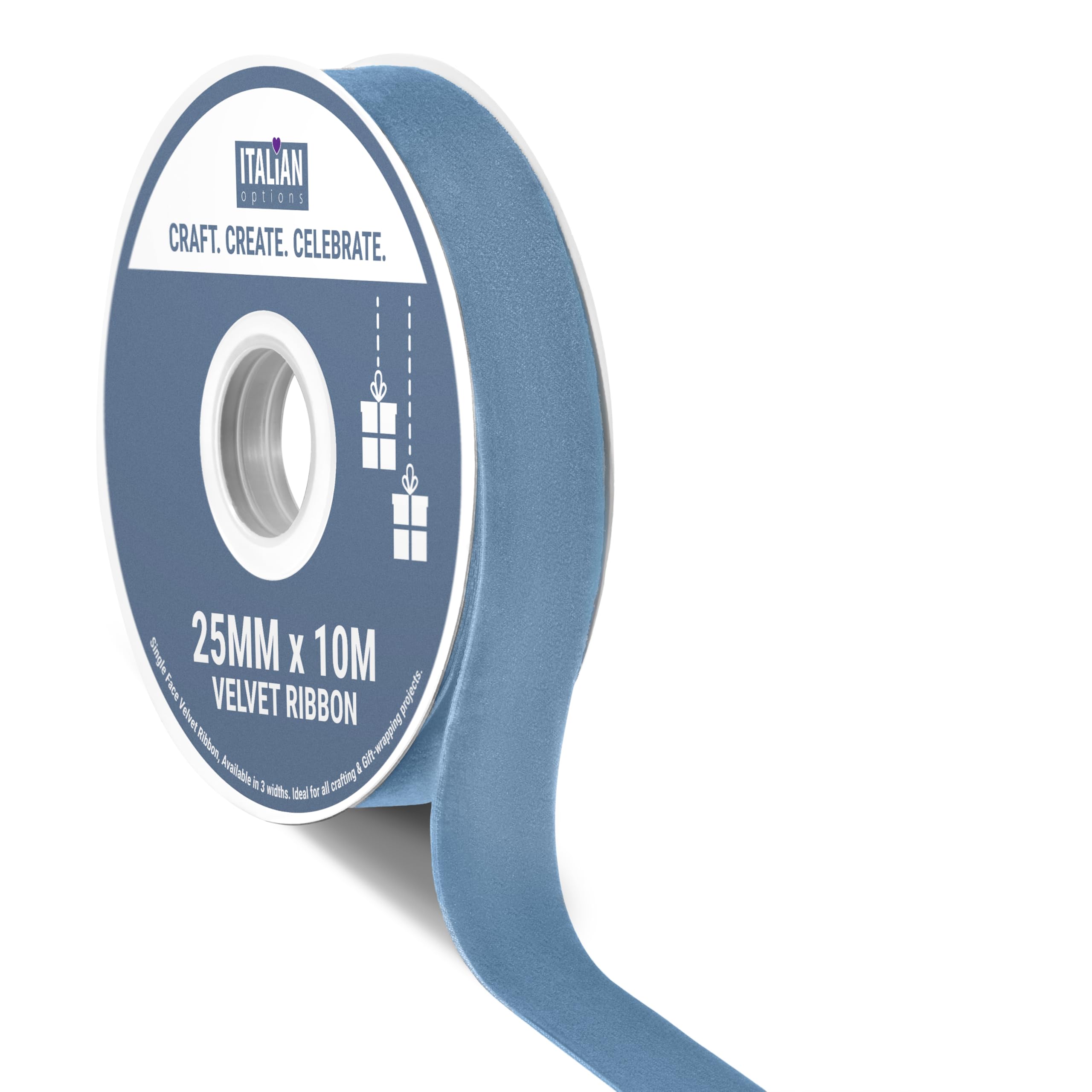 Italian Options Velvet Ribbon, Luxury, Single-Face Velvet Ribbon for Crafting, Christmas, Bows, Hair, Cakes, Weddings, Ornaments, Gift Wrapping, Flowers, 25mm x 10 Metre Roll, Vintage Blue