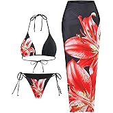 ZAFUL Womens 3pcs Swimsuit Floral Halter Triangle Bikini Top Tie Side Bottom with Long Sheer Cover Up Skirt Red M