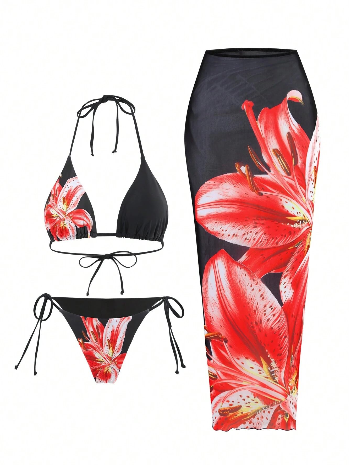 Photo 1 of ZAFUL Womens 3pcs Swimsuit Floral Halter Triangle Bikini Top Tie Side Bottom with Long Sheer Cover Up Skirt Red S