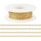 Pandahall Real 18K Gold Plated Cable Chains 16.4 Feet Brass O Chains 2x2x0.3mm Soldered Flat Oval Jewelry Link Chains for Bracelet Necklace Jewelry Making