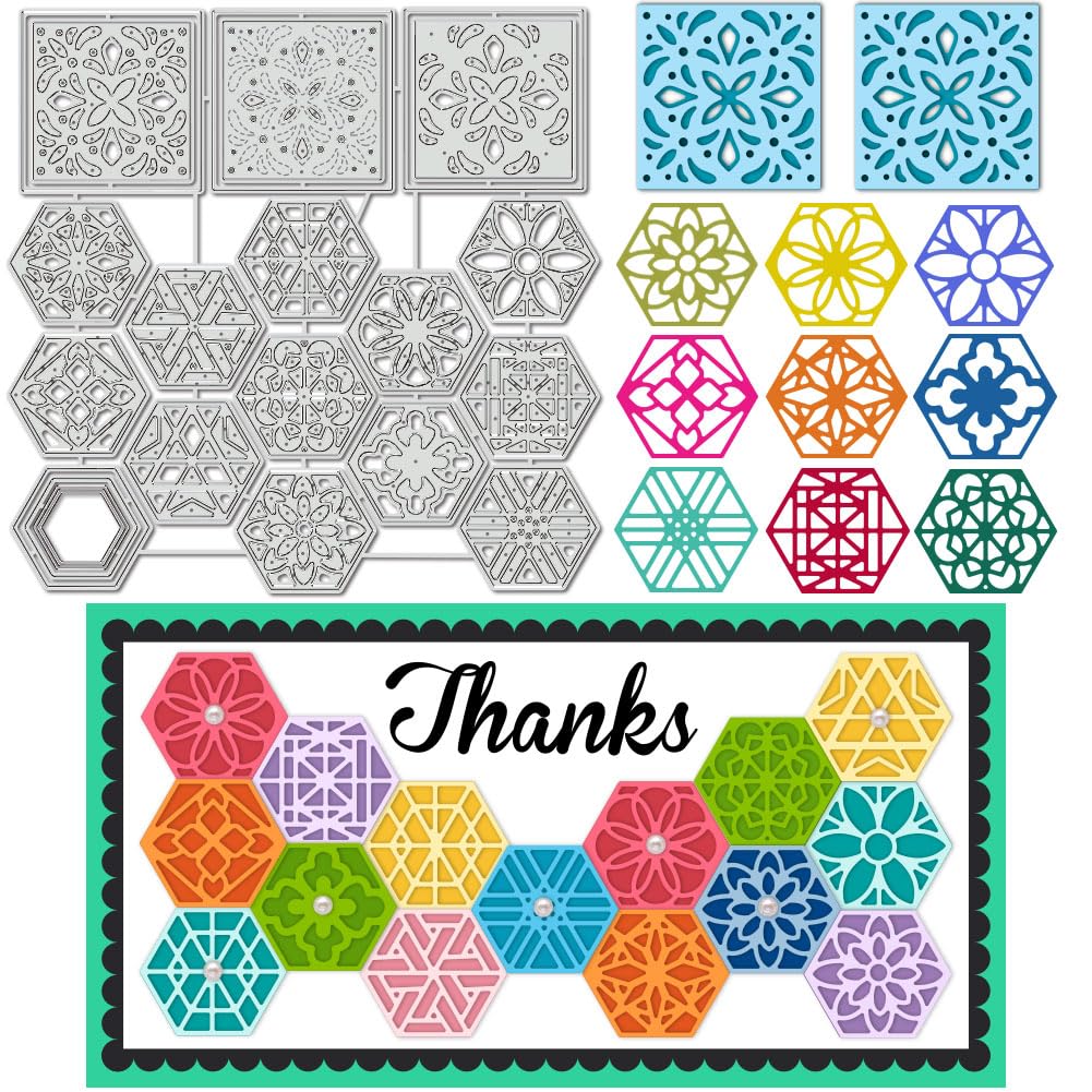 BENECREAT Honeycomb Metal Cutting Dies Stencils, Hexagon & Square Floral Die Cut, Layered Card Background Embossing Metal Templates for DIY Crafts Scrapbooking, Photo Album, Card Embossing