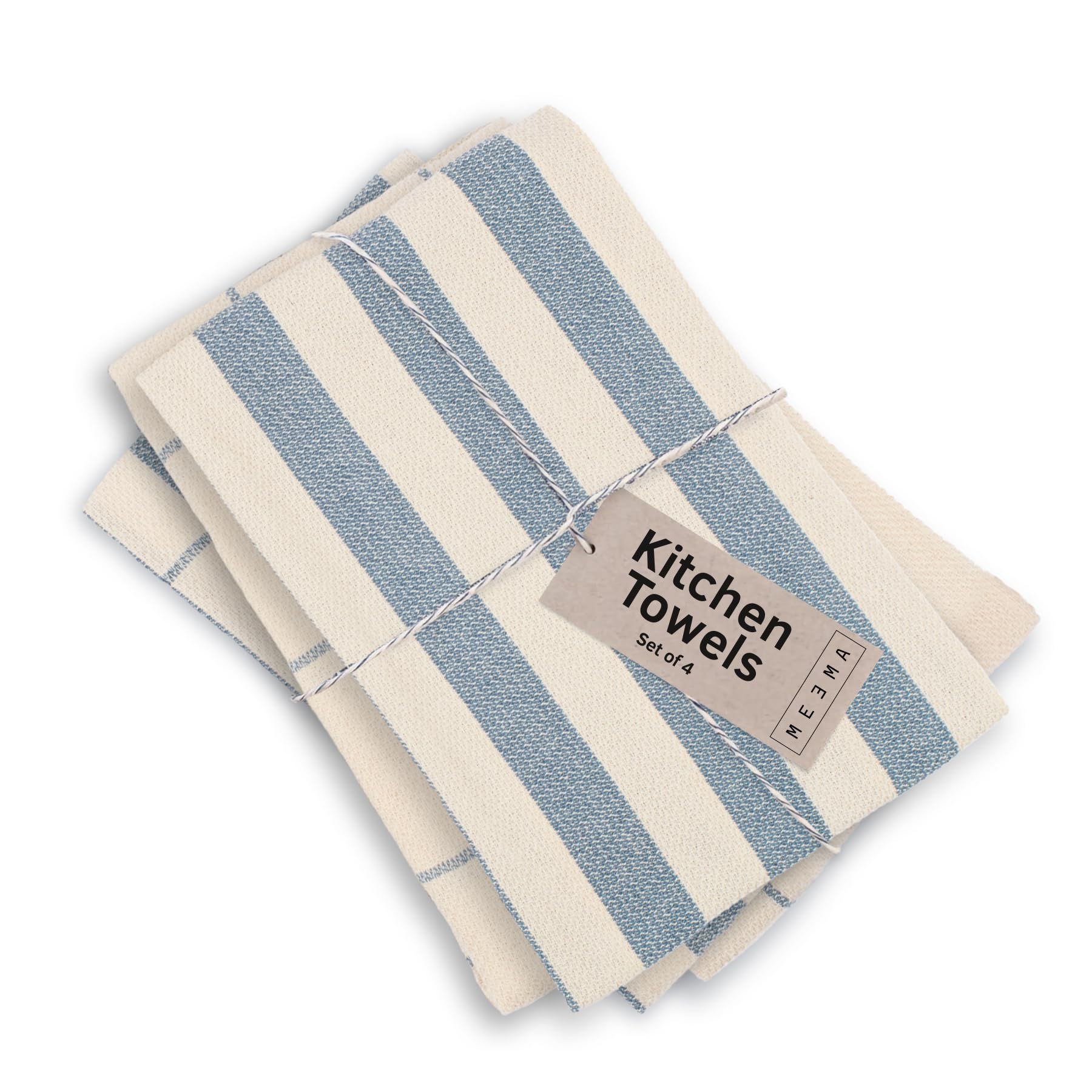 MEEMA Kitchen Towels and Dishcloths Sets of 4 | Large 18 x 28 Inch | Upcycled Cotton Tea Towel | Super Absorbent Cotton Dish Towels for Kitchen | Blue Stripes | Hand Towels