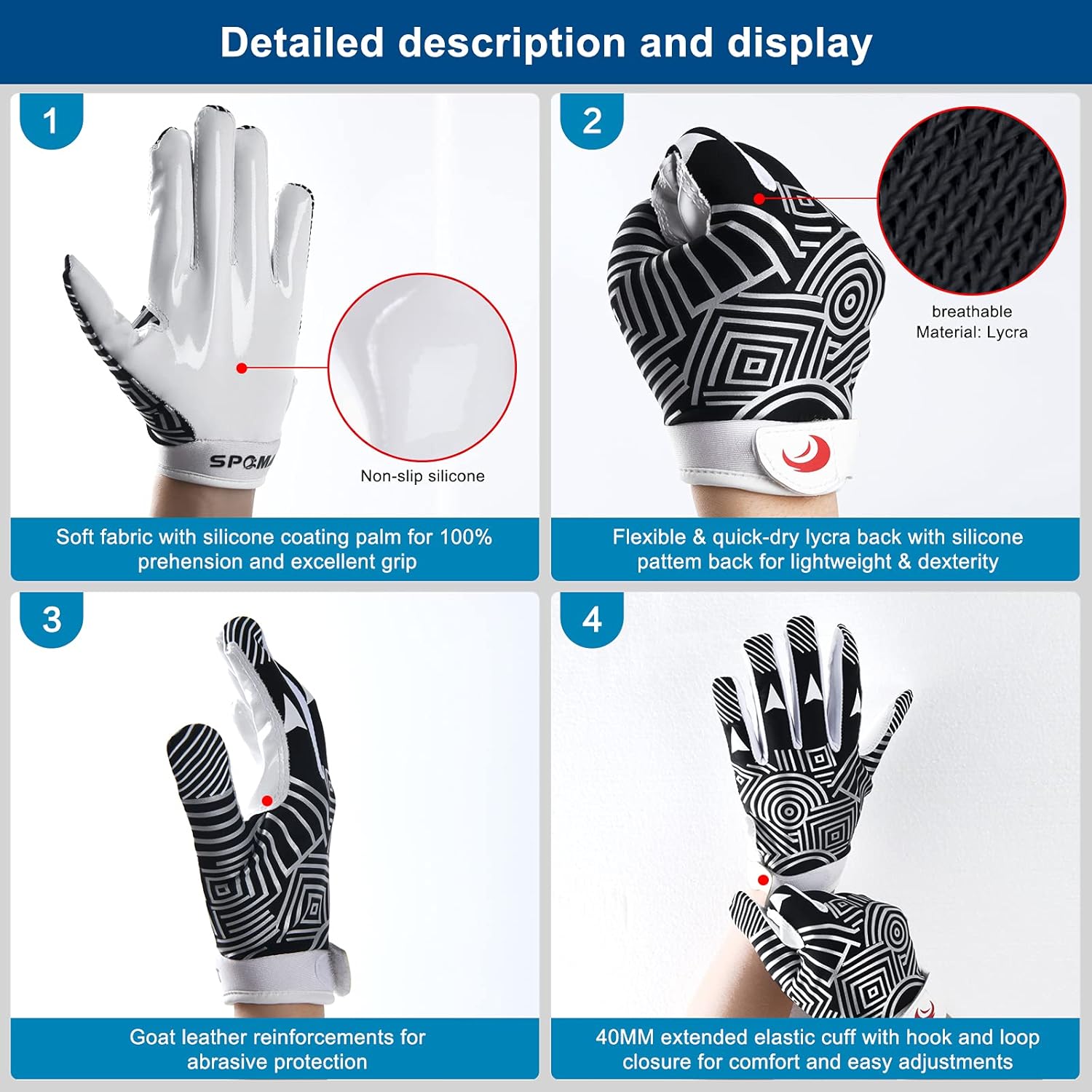 SPOMAT Football Gloves Silicone Grip Receiver Gloves with Super Stick Ability for Best Game Experience : Sports & Outdoors