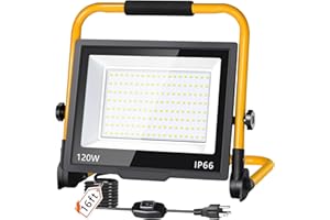 ISUERFY 14400LM LED Work Light, 120W Flood Light with 16FT Cord & Switch, 1200W Equivalent Portable Worklight with Stand, 5000K IP66 Waterproof Construction Lighting for Job Site Repairing Workshop Garage