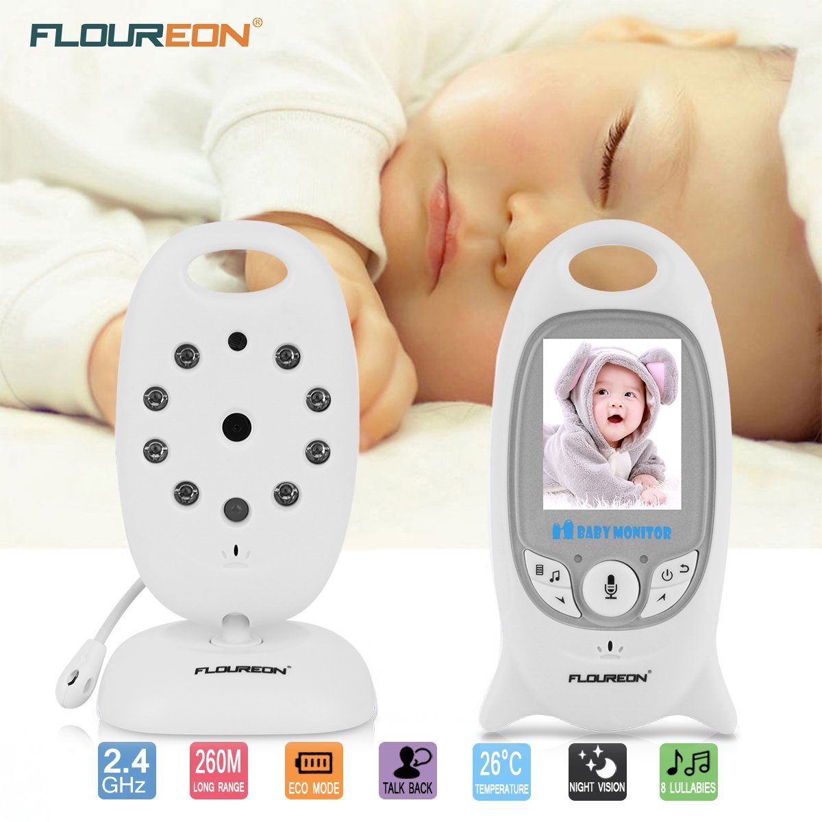 FLOUREON Wireless Baby Monitor Camera Bambini Videosorveglianza Sicurezza, Interfono, Visione Notturna, Monitoraggio Temperatura, LCD Display