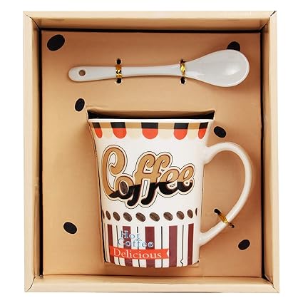 Tuelip Ceramic Mug with Spoon for Tea & Coffee Printed Mug (Multi Design Mug) 270 ml