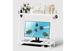 LUPLOM Desk Organizer, Desk Hutch Dorm, 2 Tier Desk Shelf with Monitor Stand Riser and Storage Shelf Adjustable Wood Desktop Bookshelf for Desk, Office Countertop Organizer Rack for Home Dorm Office, White