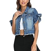 MISS MOLY Women's Denim Jacket Ruffle Sleeve Button Down Distressed Summer Cropped Jean Jackets