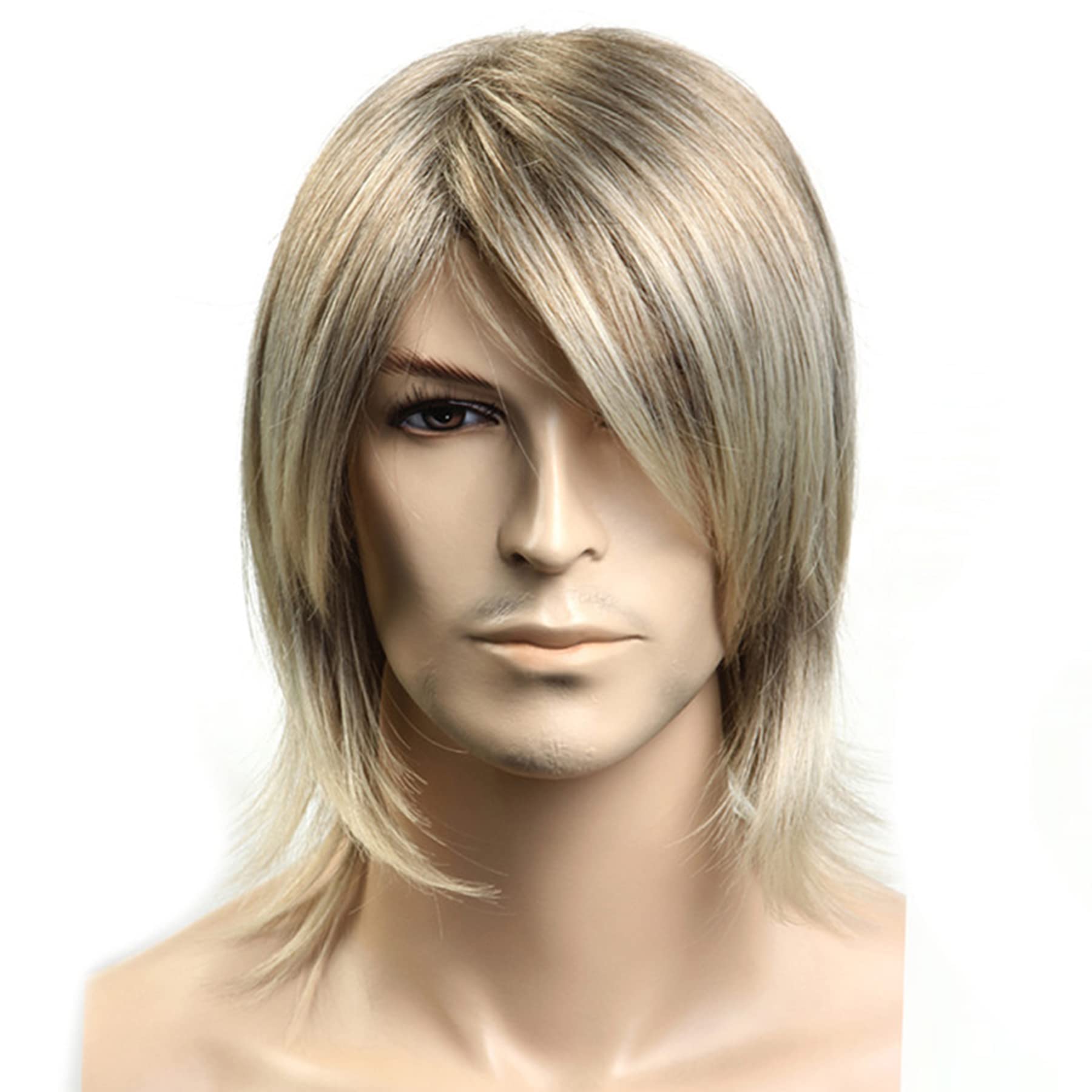 Lydell 12" Men Wig Medium Long Straight Natural Hair Heat Resistant Synthetic Cosplay Halloween (12T613 Light Brown Blonde Mix)