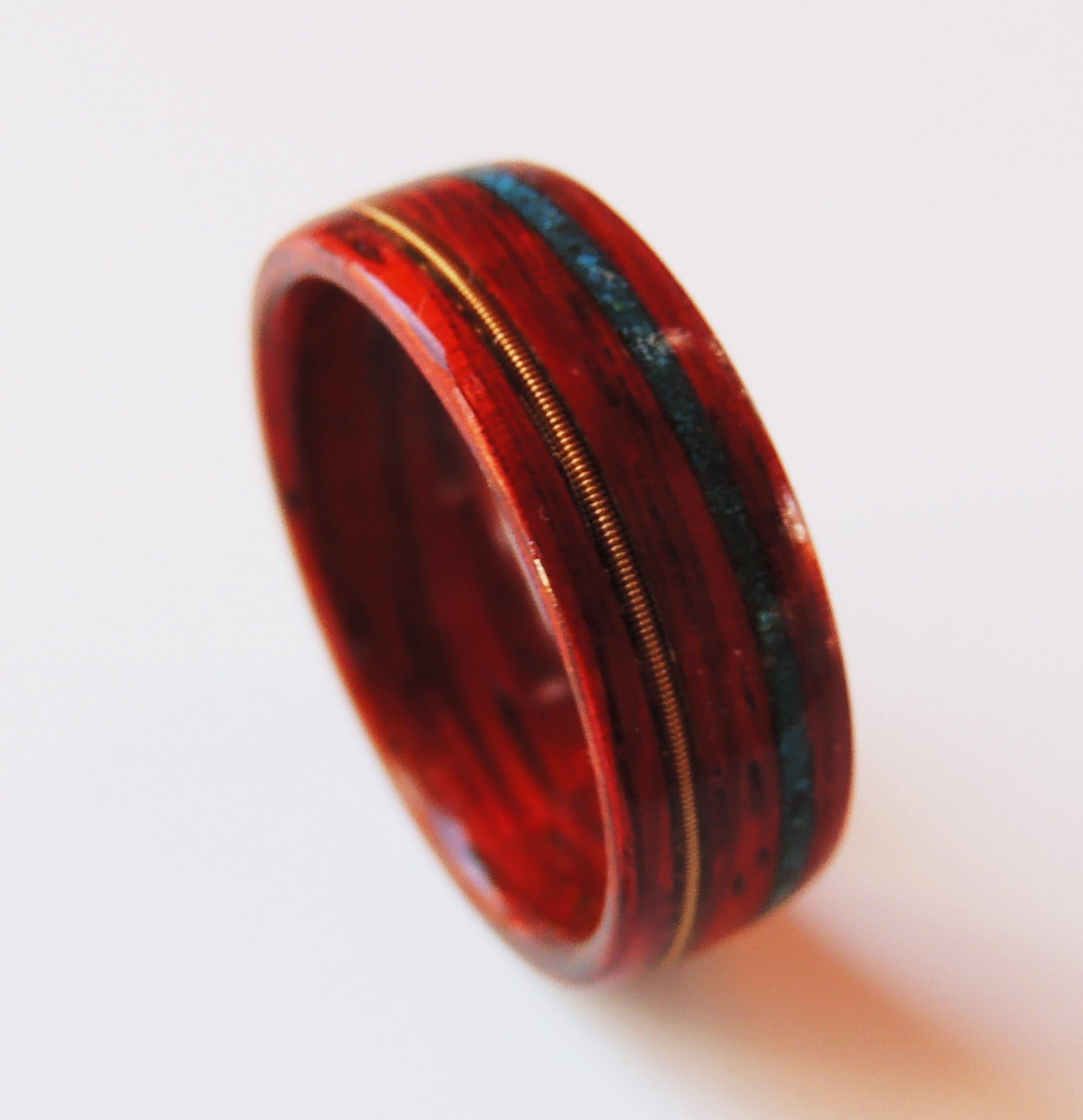 Padauk Bentwood Ring with Bronze Guitar String and Chrysocolla, Wooden Wedding Band, Non Metal Wood Ring