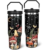 thmasamwr Mushroom Tumbler with Lid and Straw, Stainless Steel Mushroom 30oz Tumbler with Handle, Black Mushroom Travel Coffee Mug Mushroom Gifts Cups for Women and Men