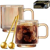 HMWEB Glass Coffee Mug Espresso Cups for Coffee 12 oz Classical Vertical Stripes Glass Tea Cups Transparent Glasses for Latte Juice Chocolate Gift