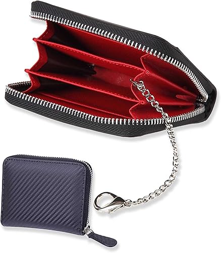 Amazon Rozzerman コインケース メンズ カーボンレザー 牛革 本革 大容量 キーチェーン 付き キーケース コンパクト カードケース 本格志向 X22 ブラック 黒 小銭入れ