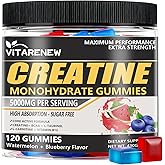 VITARENEW Creatine Gummies 120 Count - Watermelon Blueberry Flavor, 5000mg Creatine Monohydrate with BCAA, L-Taurine & Electrolytes for Muscle Growth, Strength & Energy - Chewable for Men & Women