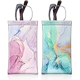 [2 Pack] Fintie Eyeglasses Pouch with Cleaning Cloth, Portable Squeeze Top Leather Glasses Case Sunglasses Bag, Glittering Marble + Emerald Marble