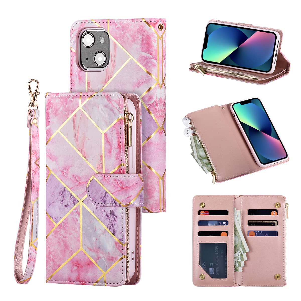UEEBAI Wallet Case for iPhone 13 6.1, Premium Vintage PU Leather Magnetic Handbag Zipper Pocket Case Kickstand Card Slots with Wrist Strap TPU Shockproof Flip Cover - Pink&Purple — image 1