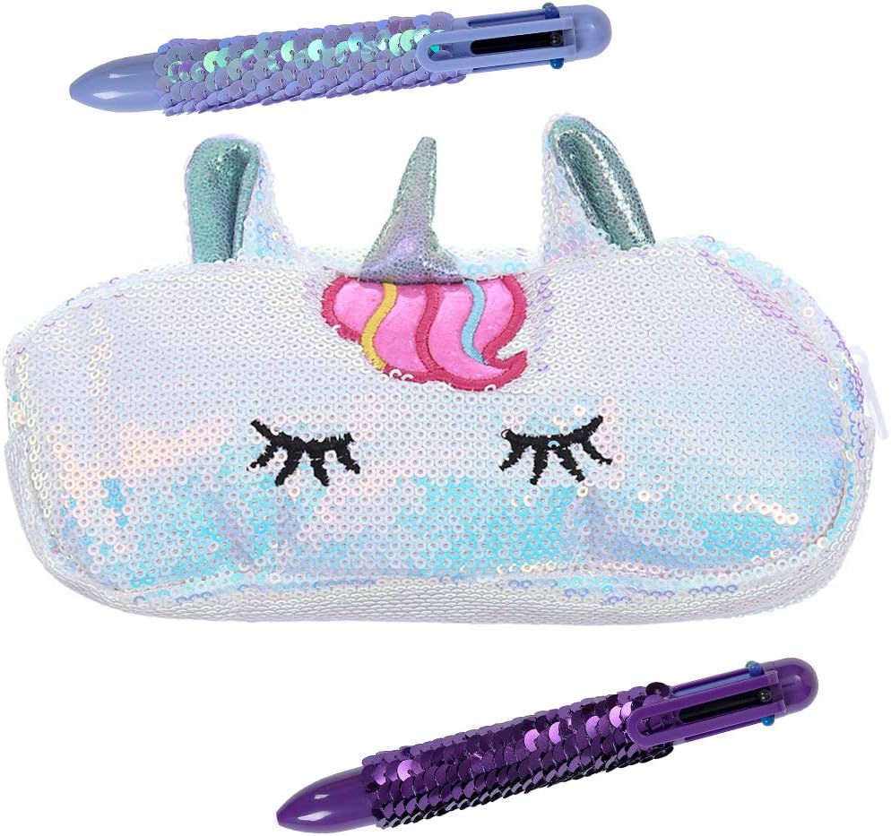 YOUKAI Cut Unicorn Sequin Pencil Case Bag Holder School Supplies for Girls and Boys (White)