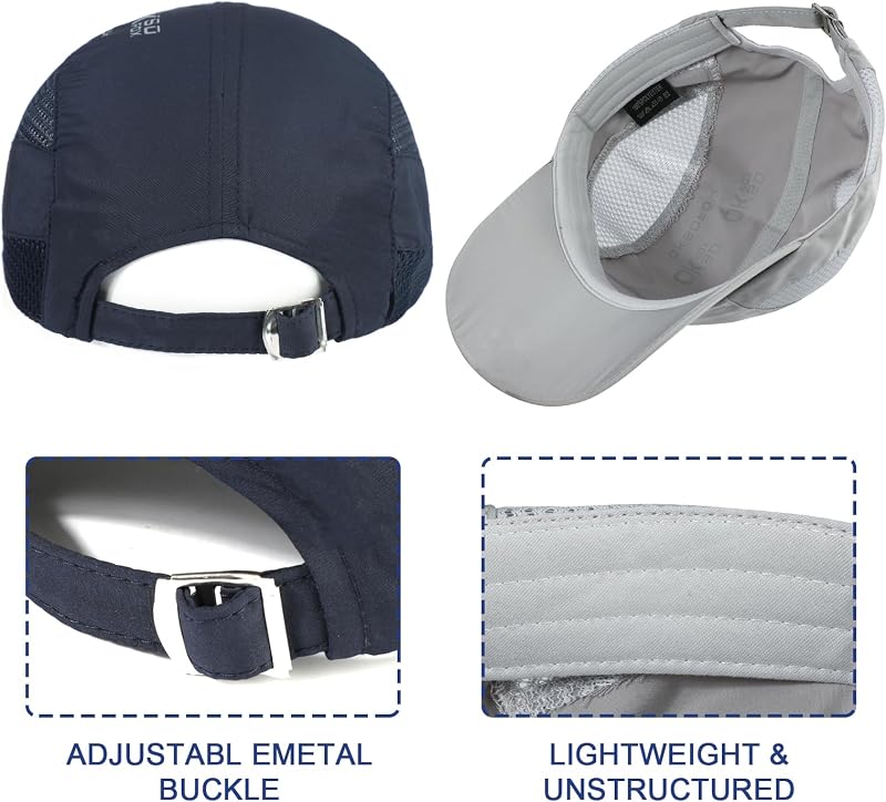 2 Packs Gorra de BéIsbol de Secado Rápido Deportiva Hombre, Gorra Running de Protección Solar Transpirable Unisex, Gorras de Verano Malla Ligera Plegable Sombreros de Verano con Hebilla