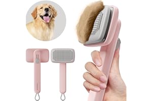 MEOWYOYO Dog Brush Cat Brush,Dog Brush for Shedding,Cat Brush With Release Button,Deshedding Dog Brush With Skin-friendly Soft Bristles 2 Level to Adjust for Long Short Haired Dogs Cats (Pink)