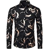 ZEROYAA Men's Hipster Shiny Design Slim Fit Long Sleeve Button Up Party Dress Shirts