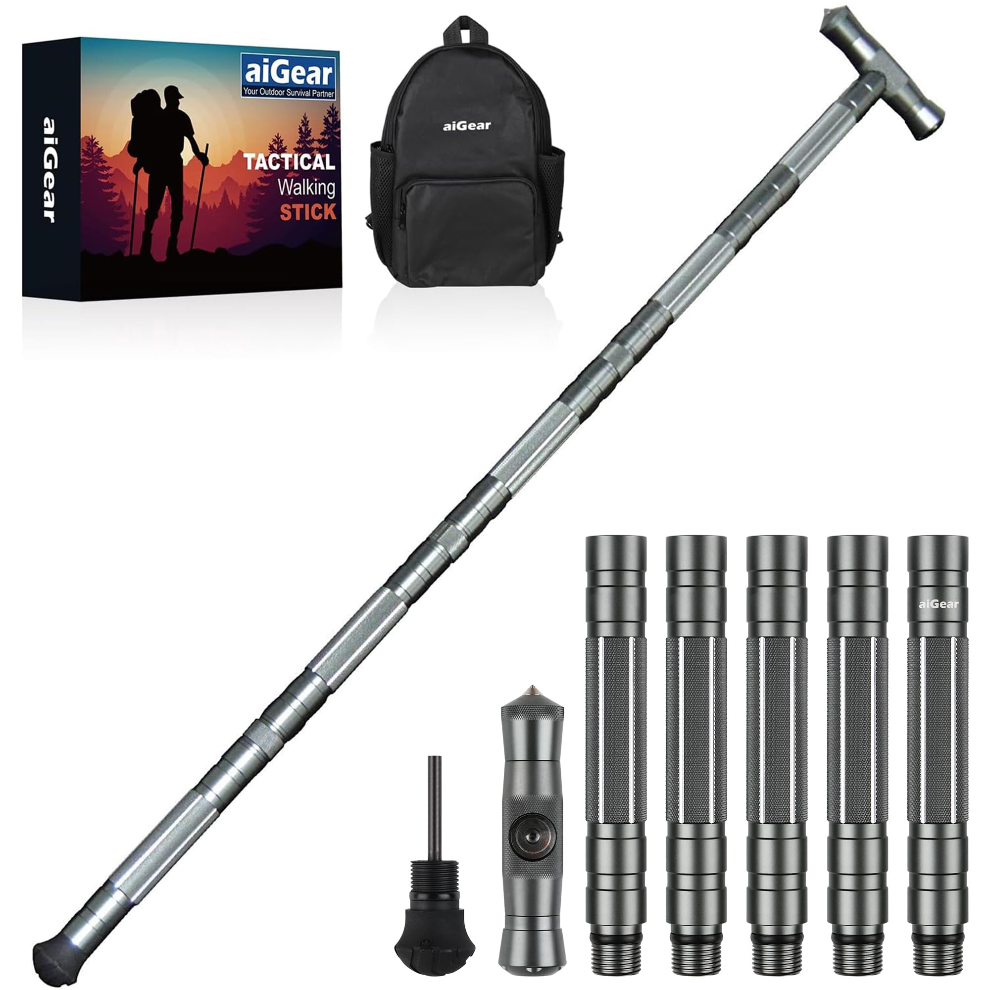 Photo 1 of aiGear Tactical Stick Hiking Walking Staff - Trekking Poles Tactical Staff Adjustable Hiking Stick Gear for Outdoor Survival Camping Hiking