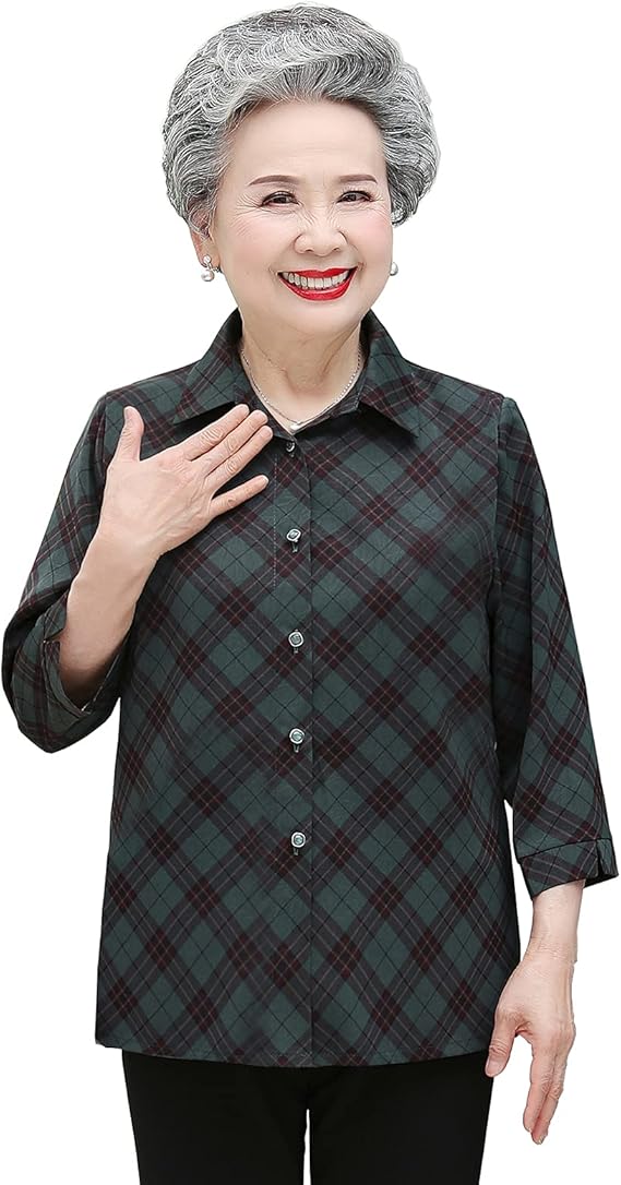 Amazon 柑九珍 チェック モス グリーン ワイン レッド 七 分 袖 シャツ レディース 21 女性 お年寄り ブラウス カーディガン シニアファッション 80 代 トップス シャツ ブラウス 通販
