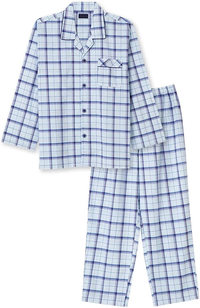 Amazon 綿100 長袖 メンズパジャマ 春 夏 向け チェック柄 さらりとした薄手のパジャマ ｍサイズ ブルー パジャマ 通販