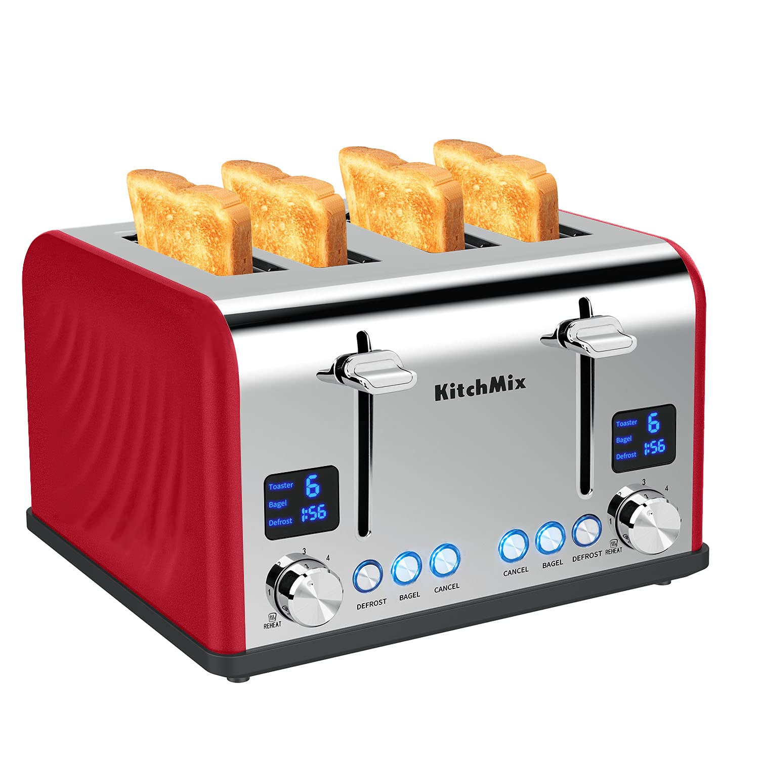Tostadora de 4 rebanadas, Tostadora KitchMix Bagel de acero inoxidable con temporizador LCD, ranuras extra anchas, pantalla doble, bandeja para migas extraíble (rojo)