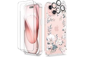 GVIEWIN Compatible with iPhone 15 Case, with 2X Screen Protector & 2X Camera Lens Protector, Clear Soft Shockproof Slim Fit Floral Phone Cover for Women Girls 2023 6.1" (Magnolia/White)