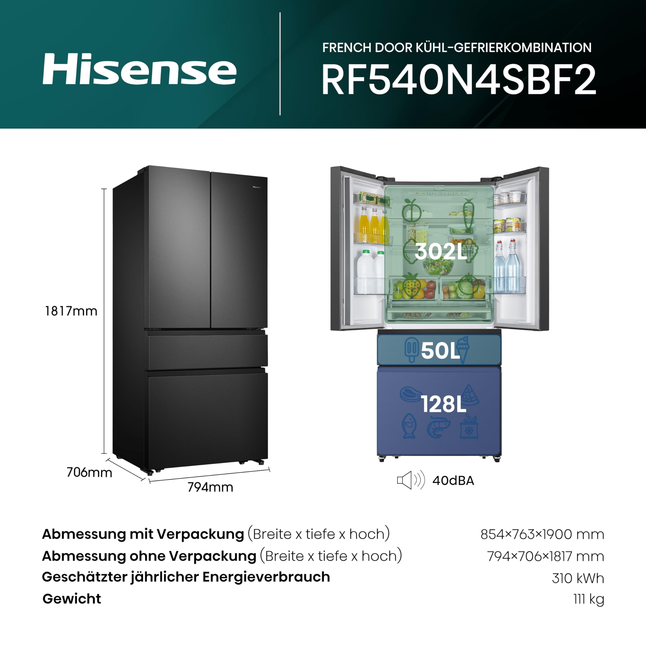 Hisense RF540N4SBF2 French Door Kühl-Gefrierkombination/ NoFrostPlus/ Inverter-Kompressor/ Multiflow 360°/ SuperCool/ 181,7 cm/ Kühlteil 302 l/ Gefrierteil 178 l/ 40 dB/ 310 kWh/ Jahr/ Schwarz 2