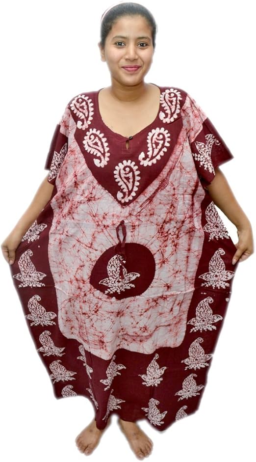 Odishabazaar Womens Cotton Caftan Nighty Maroon White Batik Kaftan Maxi Dress at Amazon Womenâs 