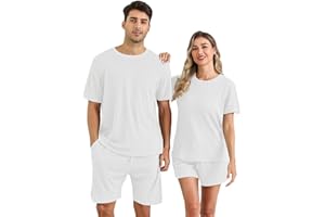 EISHOPEER Matching Pajamas for Couples Ribbed Knit Pajama Short Sleeve Soft Sleepwear 2 Piece Loungewear S-XXL