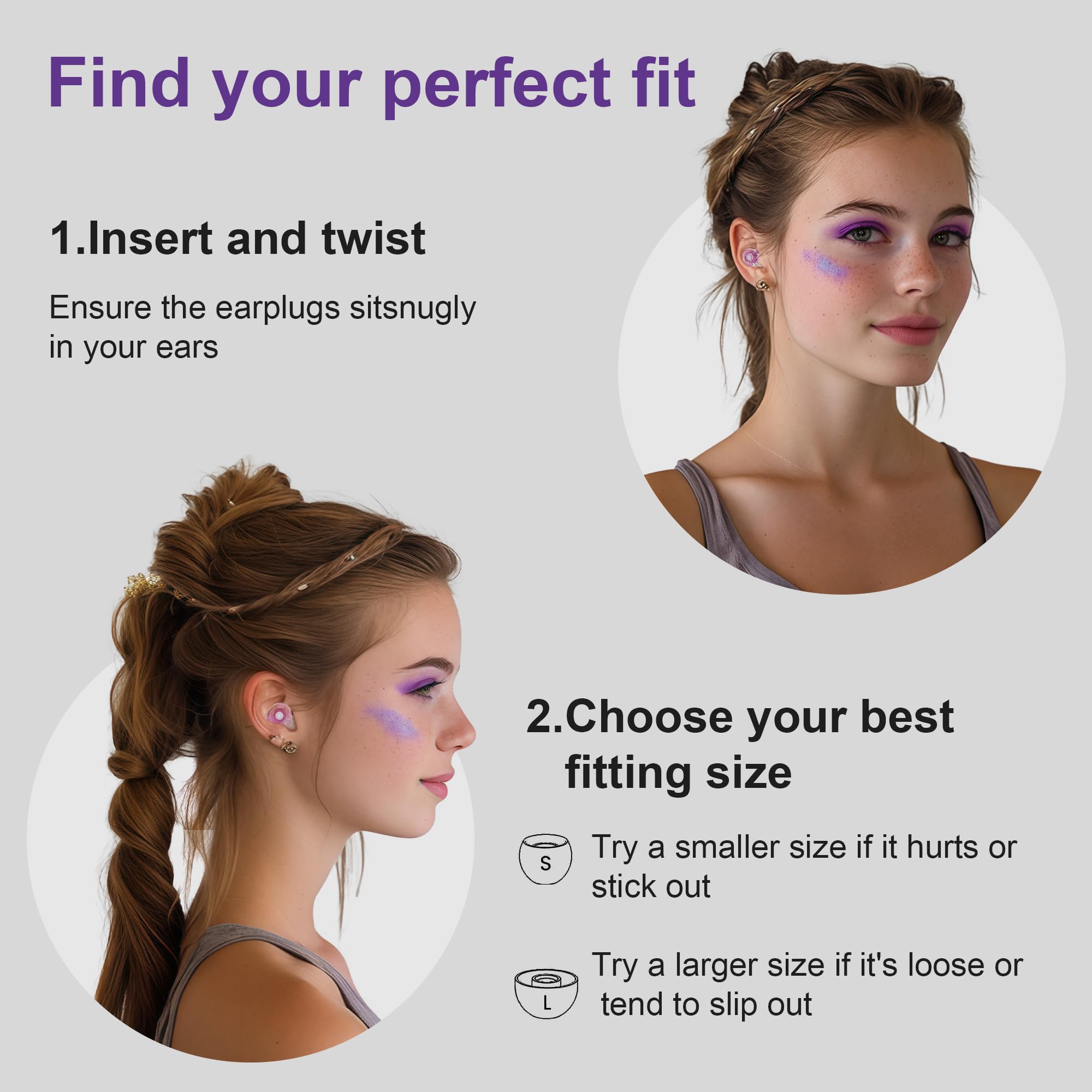 Purple Silicone In-Ear Ear Plugs, 2 Pack High Fidelity Ear Plugs for Concerts, Raves, Work, Musicians, 5 Pair Ear Tips in S/M/L, 18-25 dB Noise Cancelling