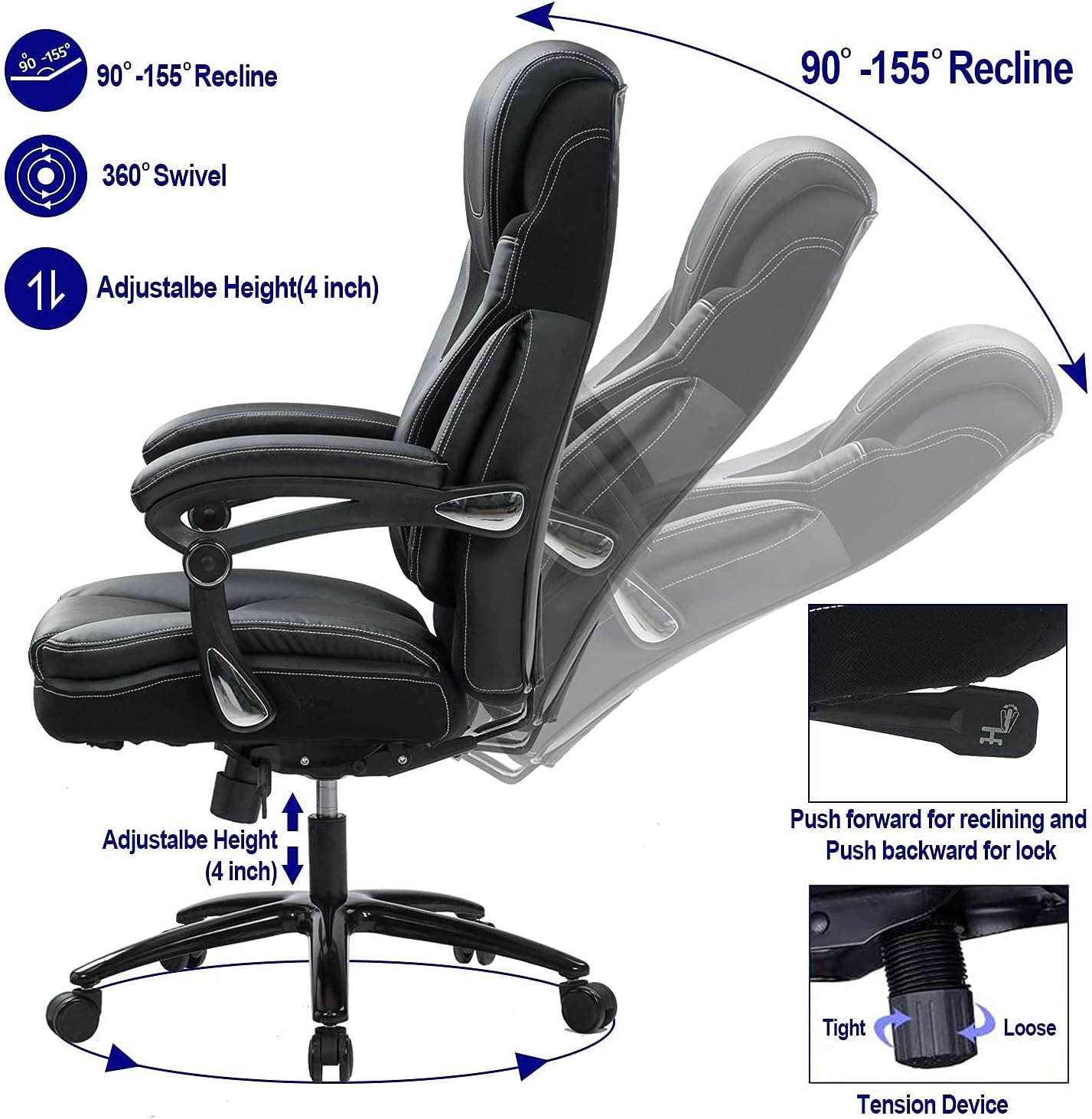 KCREAM Executive Office Chair, Computer Chair with Thick Padded Armrest and Lumbar Support for Home & Office, Bonded Leather Executive Chair, Big and Tall Ergonomic Computer Desk Chair: Kitchen & Dining