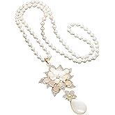 DjkIdj Women's Necklace -14k Gold Plated Long Pearl Flower Crystal Zircon Necklace, Low Allergy Fashion Pendant, Easy and Elegant Christmas Gift