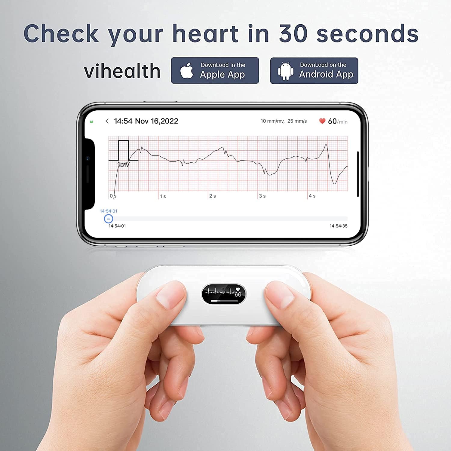 CheckMe DuoEK-S Mobiles EKG Gerät, Wireless Bluetooth EKG Messgerät mit Analysebericht, 0,96 Zoll OLED-Bildschirm, 30s - 5 mins, Herzfrequenzmonitor, APP für iOS/Android 2