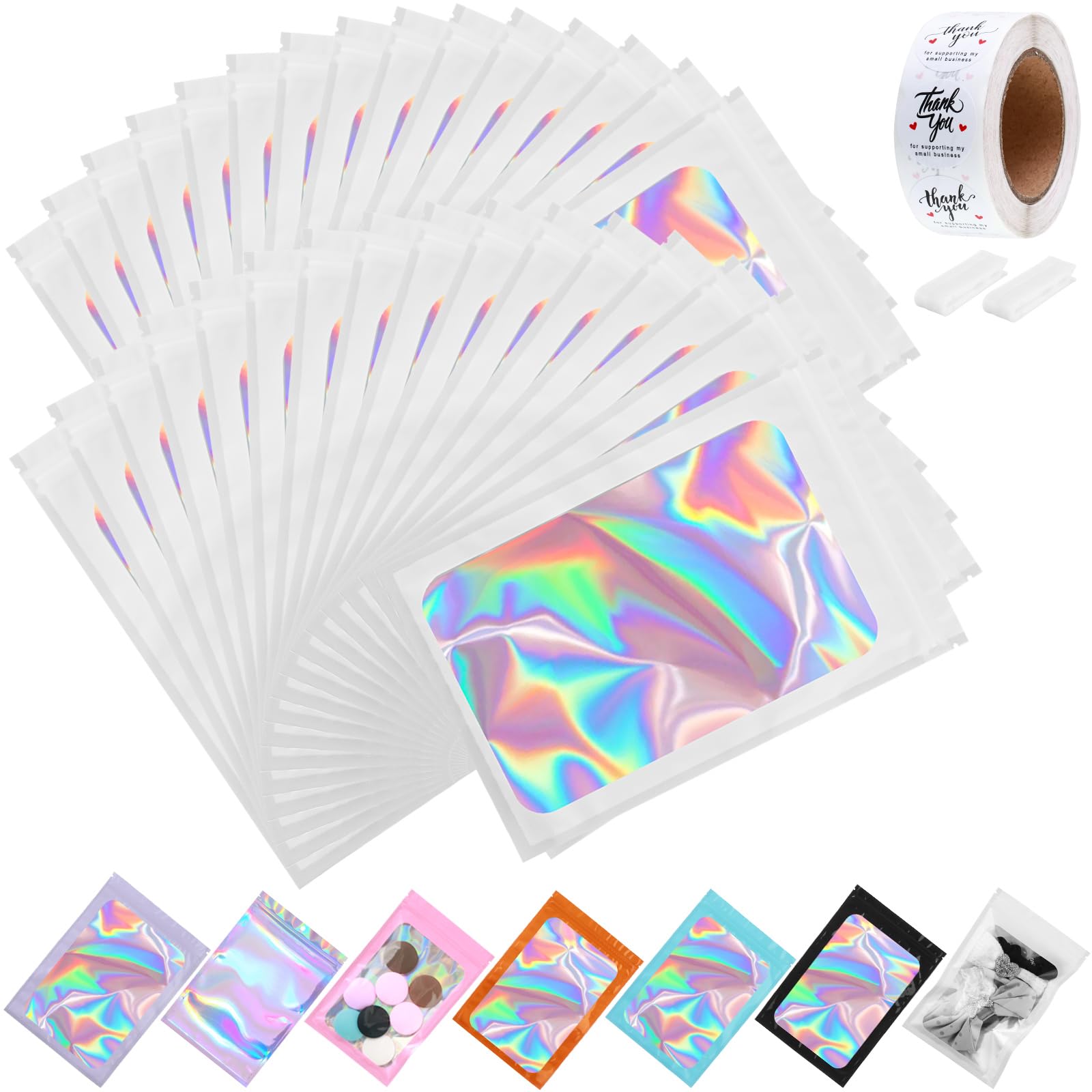 Photo 1 of 150-pack Holographic Mylar Bags with Clear Window 7" x 10" 1 Quart Resealable Foil Pouches for Food Storage Large Smell Proof Edible Packaging Zip Bag for Cookies, Jewelry and Small Business