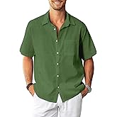 KYKU Men's Cotton Linen Shirts Casual Men Short Sleeve Button Down Beach Wedding Summer Shirts, Relaxed Fit, with Pocket
