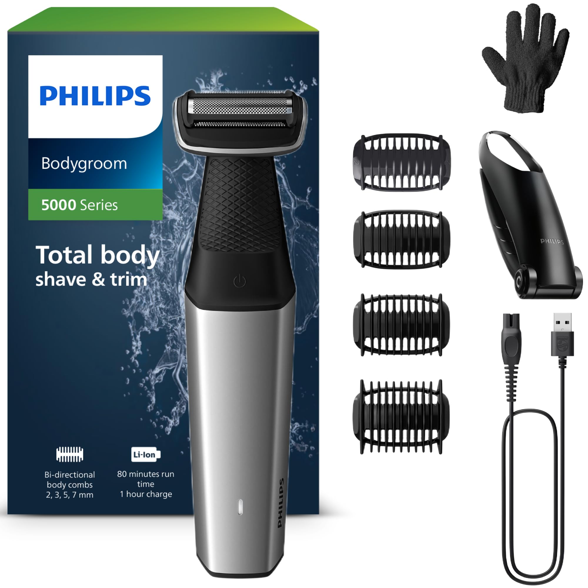 Philips Bodygroom Series 5000, wasserfester Trimmer für Intimbereich und Körper, gründliche und angenehme Rasur, Ganzkörperpflege einschließlich Rücken, 60 Min. Laufzeit, Modell BG5021/16