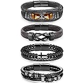 MUCAL Leather Bracelets for Men Women 4pcs Black Stainless Steel Infinity Mens Bracelet Braided Cuff Bracelets