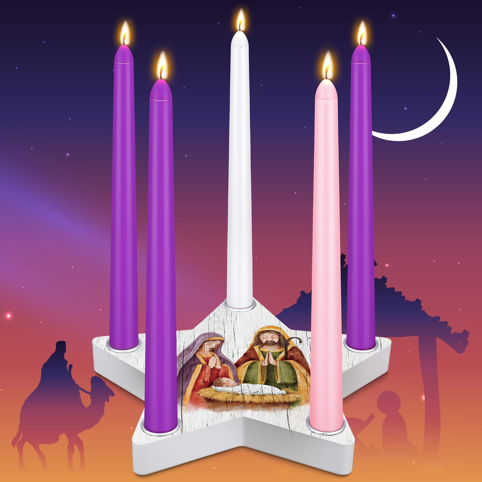 Photo 1 of ***(MINOR DAMAGE/ SEE NOTES FOR DERTAILS)***Sliner 11 Pcs Christmas Advent Candle Holder Nativity Scene Christmas Candle Holder Set 1 Star Shape Wooden Advent Wreath Candlestick Holders and 10 Candles Rustic Mantle Holiday Table Decoration