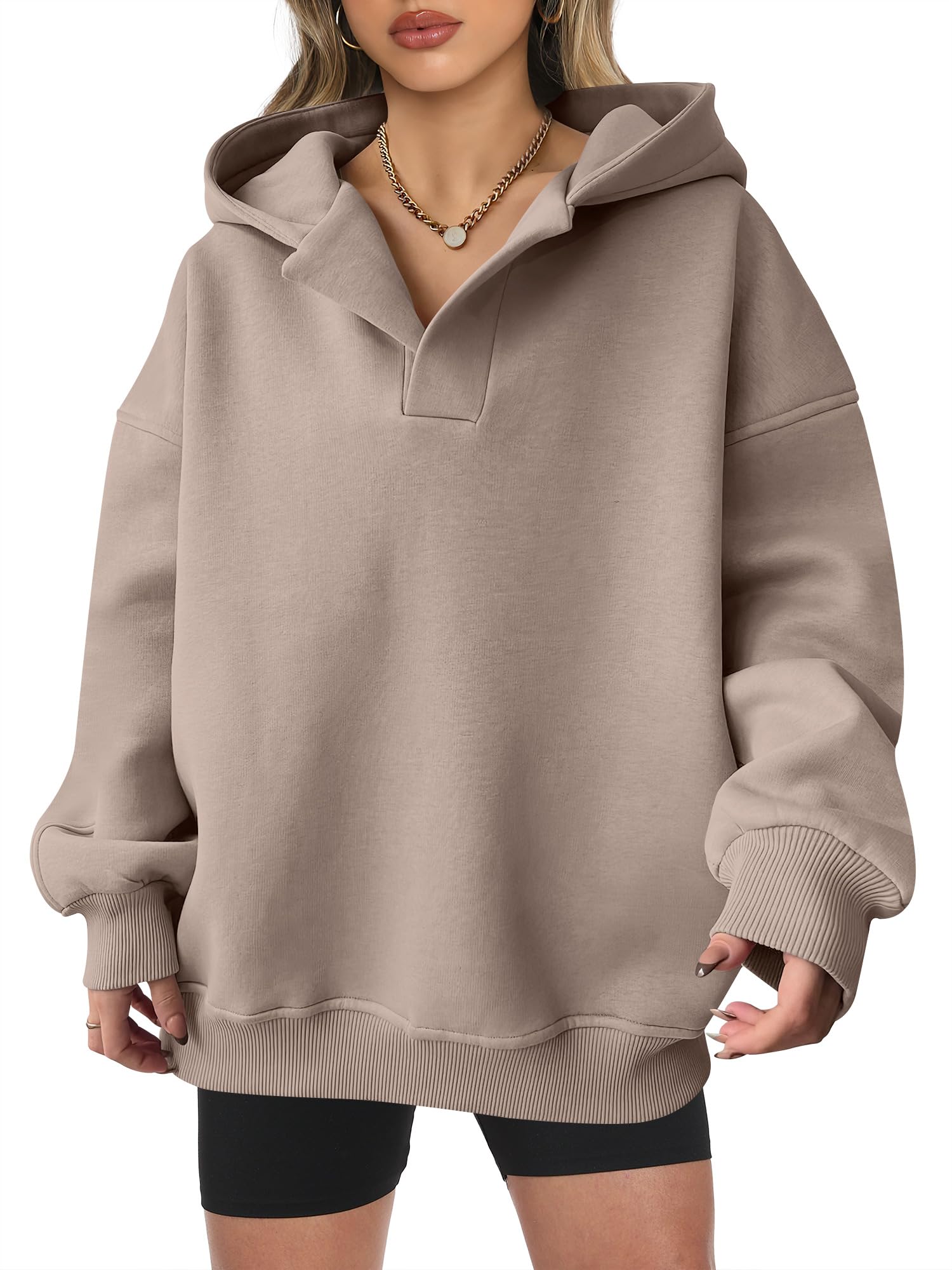 Photo 1 of ANRABESS Womens Oversized Hoodies V Neck Sweatshirts Fleece Long Sleeve Pullover Y2K Clothes 2025 Fall Trendy Outfits Coffee Grey L