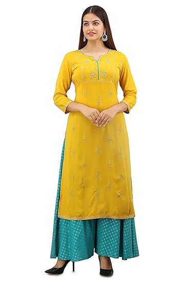 Women Embroidered Rayon Straight Kurta with Palazzo