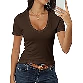 Roselux Women Short Sleeve Deep V Neck Tops Shirts Fitted Cotton Summer Tshirt Tee