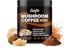 CATFIT Mushroom Coffee Powder, 10 Mushroom Blend Supplements with Lion's Mane, Chaga, Cordyceps, L-Theanine for Energy, Focus, Cognitive and Immunity, 37 Serving