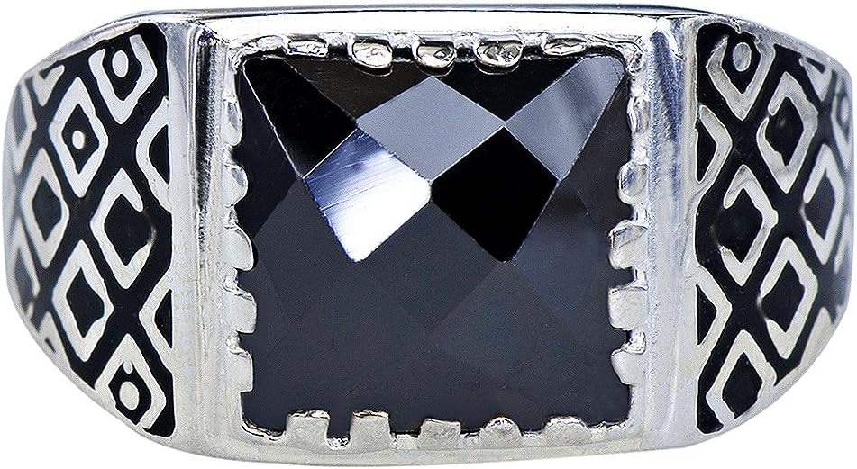 Caratera Mens Rings Men's Classic Turkish Market Natural Black Onyx Statement Ring 925 Silver Size 10