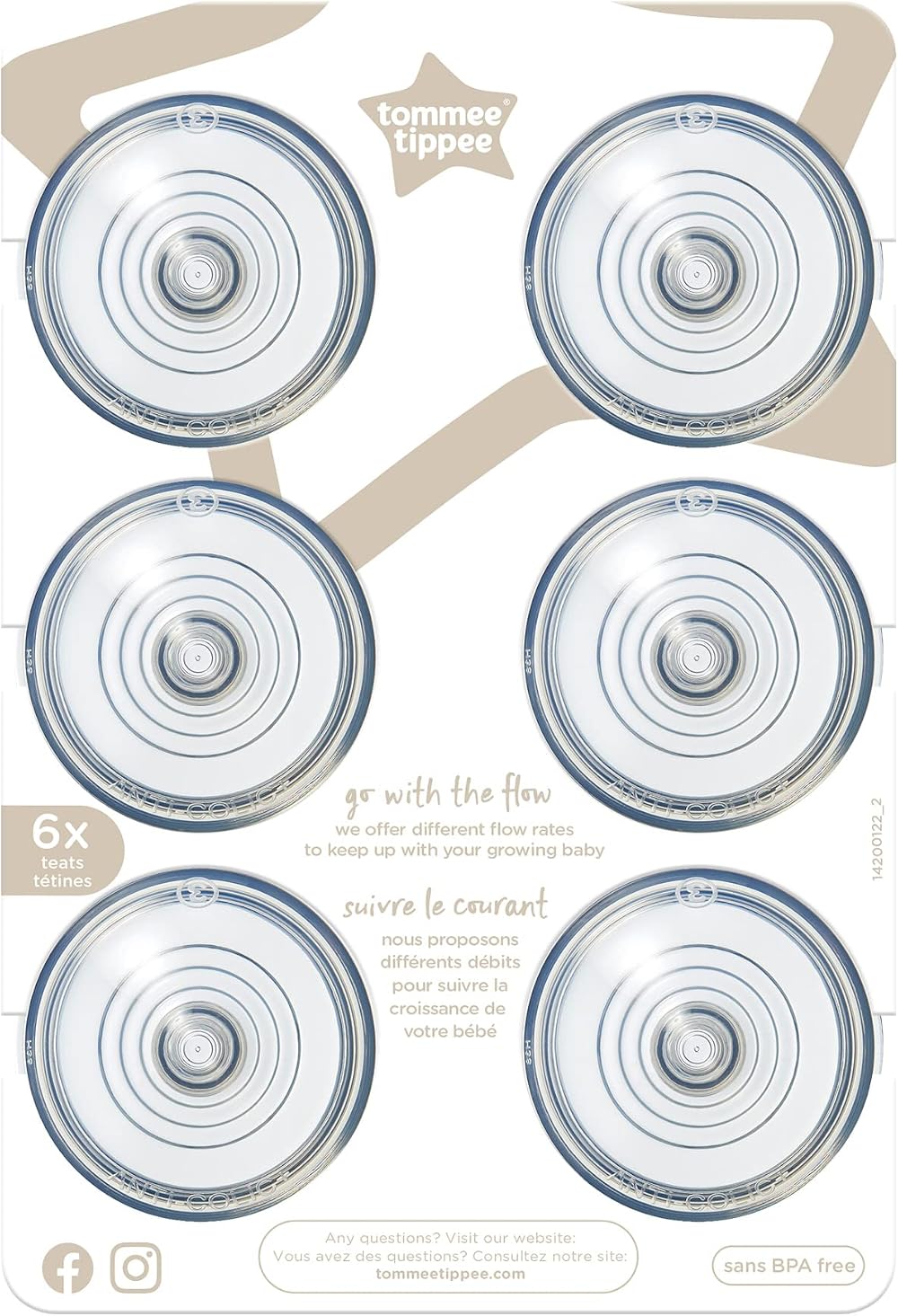 Tommee Tippee Advanced Anti-Colic Teats 6m+ Pack of 6 Clear