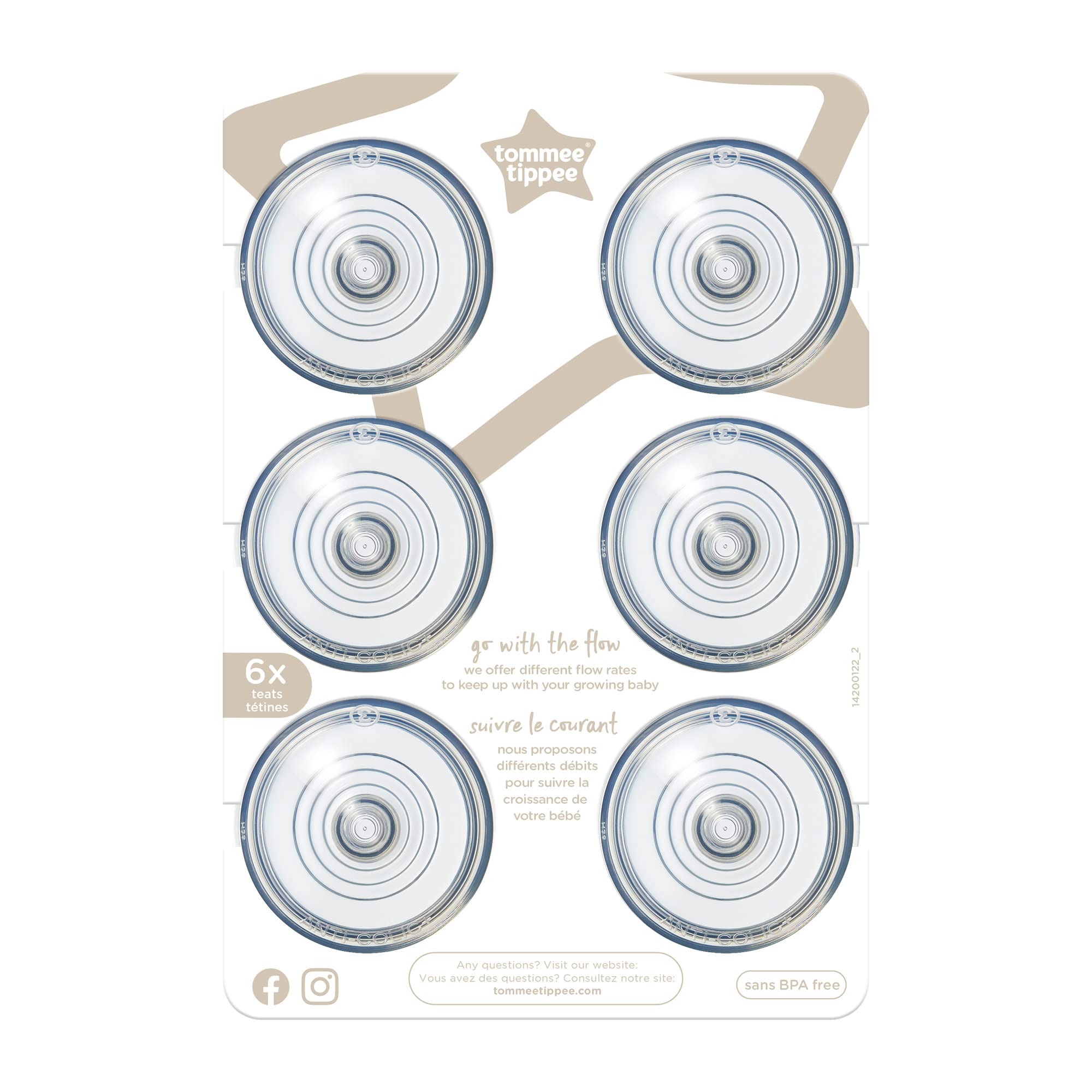 Tommee Tippee Advanced Anti-Colic Baby Bottle Teats, Breast-Like, Soft Silicone, Fast Flow, 6m+, Pack of 6,Clear