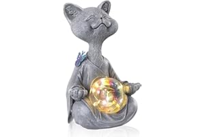 JJALIGHTS Solar Garden Decor Statues 7" Resin Cat Figurines with Glass Ball Waterproof Cat Decor for Outside Yard Patio Porch Decoration Gift for Mom Grandma