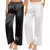 Ekouaer 2 Pack Womens Satin Pajama Pants Silk Sleep Lounge Pants Loose Pj Bottom with Pockets